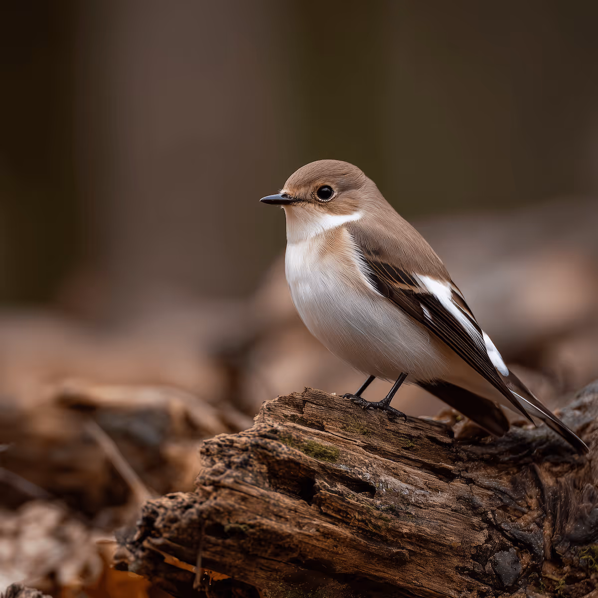 Kleiner Vogel mit braunem Gefieder und weißen Flügelflecken sitzt auf einem Baumstamm.