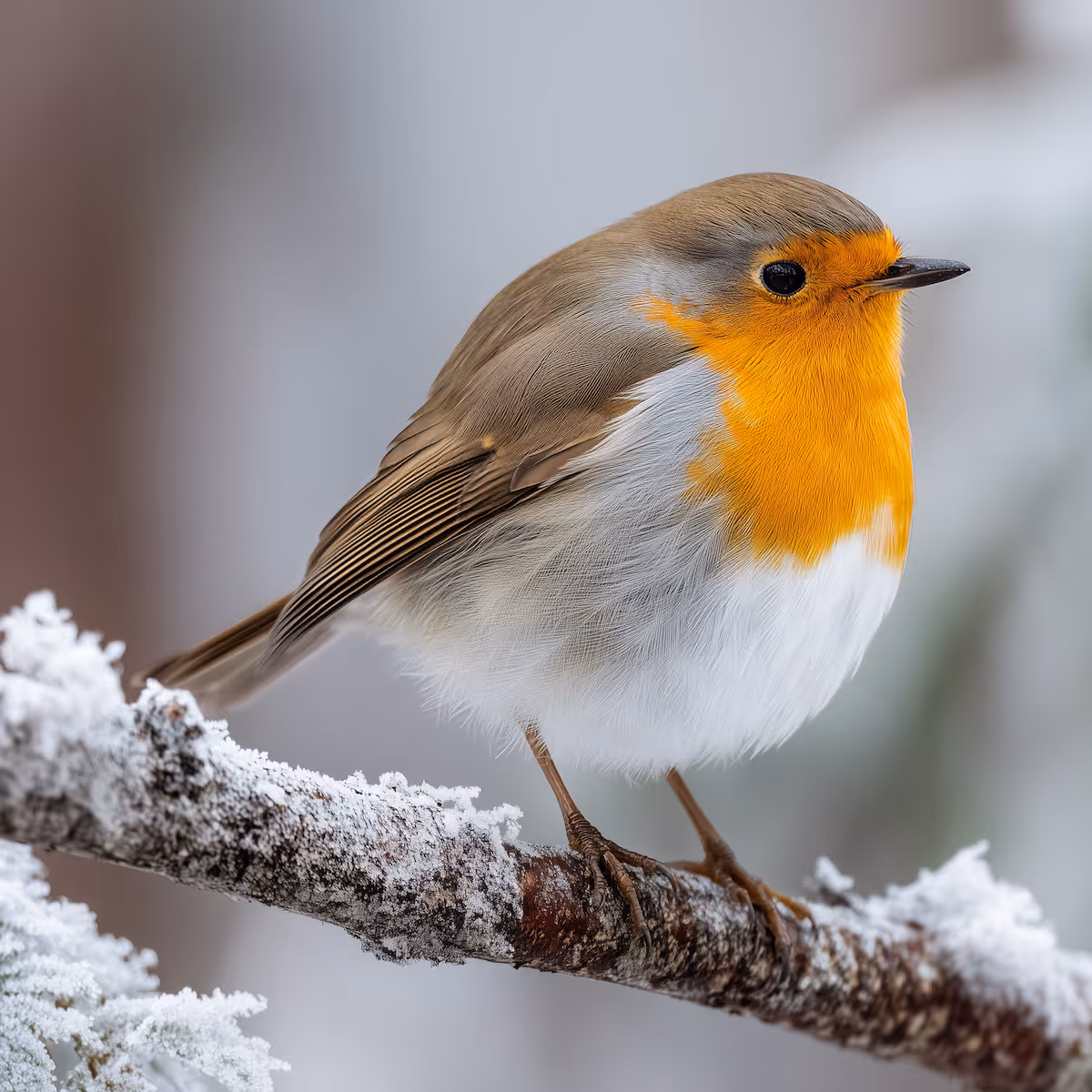 Rotkehlchen sitzt auf einem vereisten Ast im Winter mit grauem verschwommenem Hintergrund.